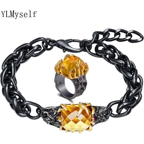 Free Length Thick Chain link Bracelet Ring Sets Big Golden stones Cool Black 2 pcs Jewelry sets for women