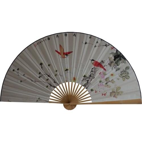 Large Folding Paper Fan Chinese Style Crafts Banboo Frame Background Decorative Fan Hanging Birds And Flowers