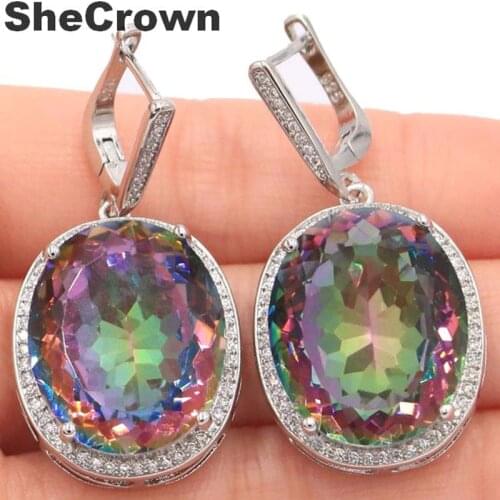 40x21mm Big European Design Jewelry Set Created Fire Rainbow Mystic Topaz Cubic Zirconia Womans Dating Silver Earrings Pendant