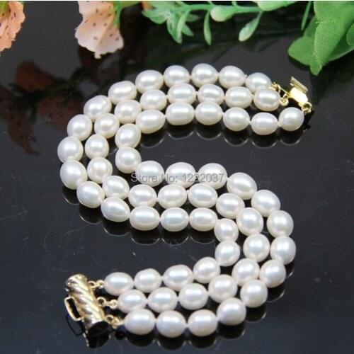 New natural womans gift 3 rows AAA 9-10MM white akoya pearl bracelets 7.5-8 "