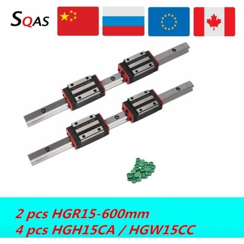 Fast deliver CNC square guide linear rail 2 PCS 600mm HGR15 linear guide +4 PCS HGH15CA / HGW15CC carriage slides block for CNC