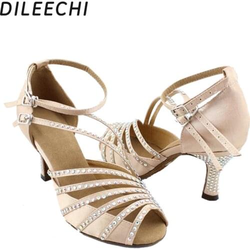 DILEECHI popular Skin black Satin Rhinestones womens Latin dance shoes Ballroom dancing shoes Salsa Samba Party Square shoe