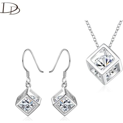 DODO Fashion Hollow Cube Drop Earrings & Necklace Sets For Women AAA Cubic Zircon Silver Plated Jewelry Sets Party Gifts JS024