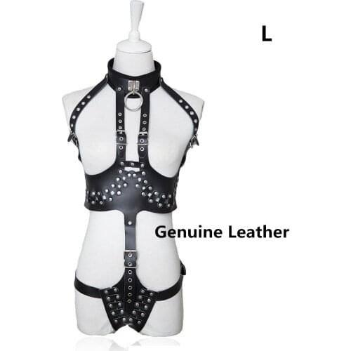 Erotic Sexy Genuine Leather Lingerie Set of Adjustable Body Harness Halter with Chastity Device Neck Collar for Fetish Sex Party