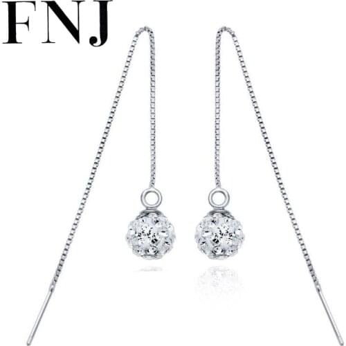 FNJ 925 Silver Round Earring 125mm Long Chain AAA Crystal Zircon Women 100% S925 Sterling Silver boucle d'oreille Drop Earrings