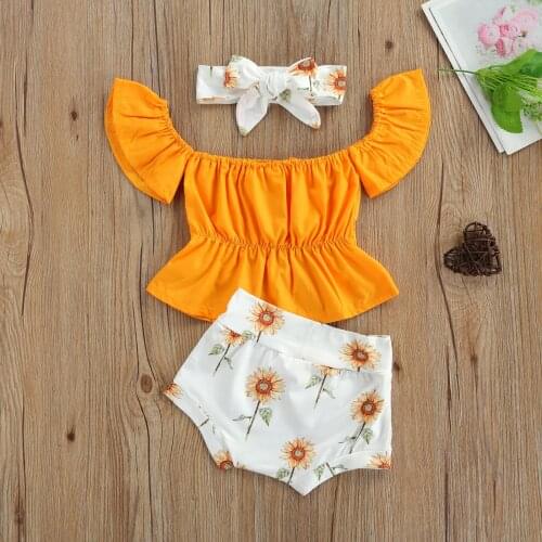 Summer Baby Girls Clothes Sets 3pcs Off Shoulder Short Sleeve T Shirts Flowers Printed Shorts Headband