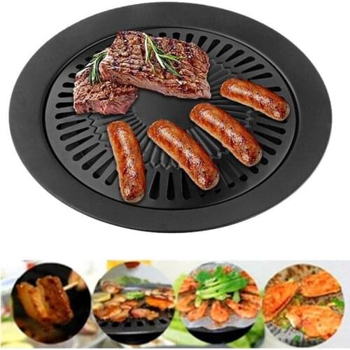 Korean Barbecue Plate Round Iron BBQ Grill Plate Smokeless Non-Stick Gas Stove Plate BBQ Roasting Cooking Tool Sets