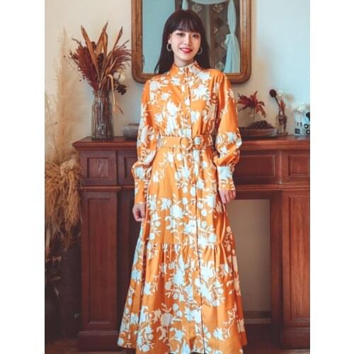 Summer New Korean Version Ins Retro Print Lantern Sleeve Bohemia Travel Holiday Beach Wind Cardigan Type Show Thin Long Dress