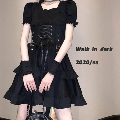2021 summer new chic dark girl bubble sleeve retro binding layer cake high waist dress female