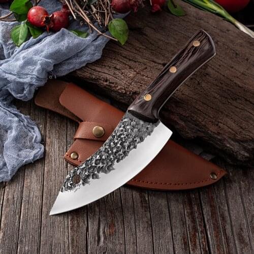 5"inch Serbian Boning Chef Knife Scimitar Butcher Kitchen Knives Cleaver Filleting Slaughtering Cutting Tool & Carry Case Sheath
