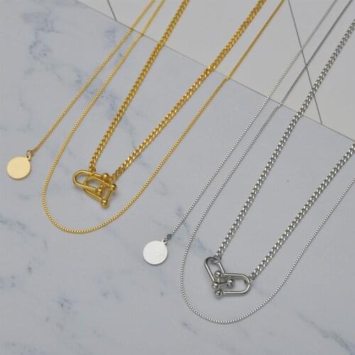 ALLNEWME Temperament Hollow Double Layered Love Heart Chokers Necklace for Women Round Coin Titanium Steel Necklaces Jewellery