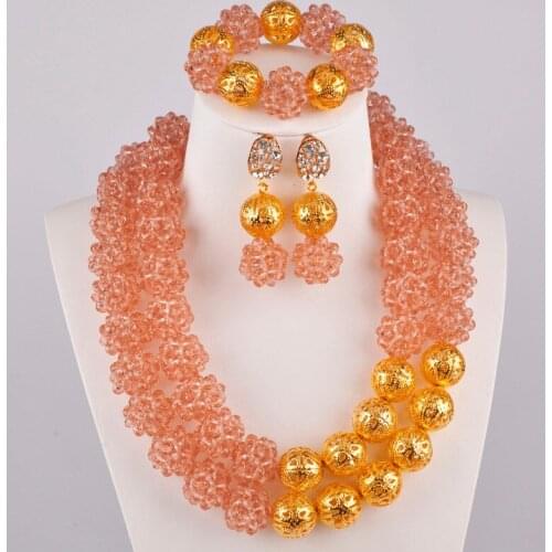 Peach Crystal Ball Beaded African Wedding Beads Jewelry Set Nigerian Necklace Sets