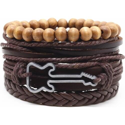 4 Pcs/set Weave Vintage Black Brown Genuine Bead Feather Cross Archor Guitar Charm Men Women Leather Bracelets Female Jewelry