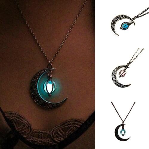 Wishes Models Halloween Ghost Charm Hollow Moon Necklace Love Birdcage Luminous Beads Pendant Short Necklace LXH