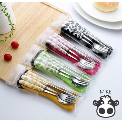 Stainless Steel Cow Children Cartoon Cutlery Three-piece Travel Portable Student Chopsticks Spoon Fork Set Portable Tablewear