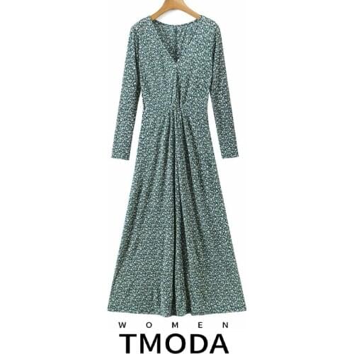 TMODA1746 2021 Autumn Women V Neck Floral Print Maxi Dresses Ladies Korean Vintage Bohemian Holiday Folds Dress Vestidos Female