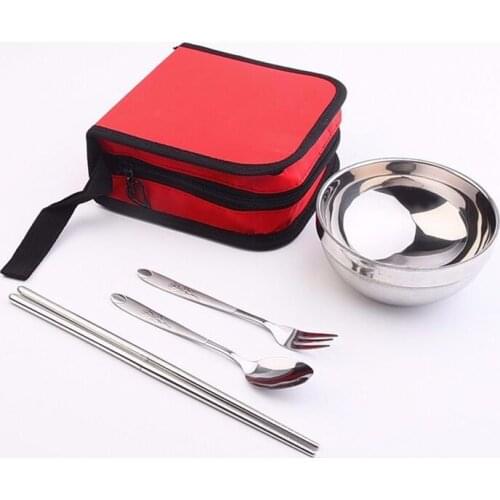 Outdoor tableware Single tableware bag Stainless steel chopsticks spoon fork bowl Outdoor travel portable single tableware kit