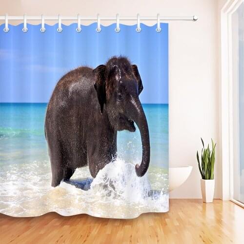 72'' Bathroom Waterproof Fabric Shower Curtain Polyester 12 Hooks Bath Accessory Sets Baby Elephant Is Happy To Swimming In Sea