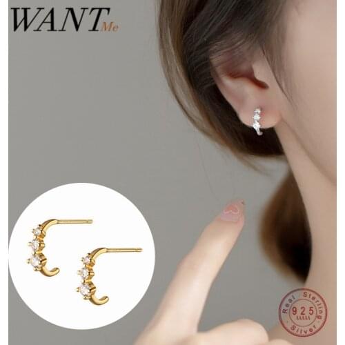 WANTME 925 Sterling Silver Cute Sweet Shiny Zircon Letter C Unique Stud Earrings for Women Simple Wedding Friends Jewelry Gifts