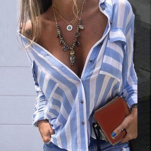 Plus Size Women Casual V Neck Stripe Print Long Sleeve Shirt Loose Blouse Top Autumn Blouse Tops For Women Female Blouses Elegan
