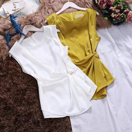 2020 Summer Women Chic Sleeveless Ruched Chiffon Tank Top All-match Solid Color Pullover Top