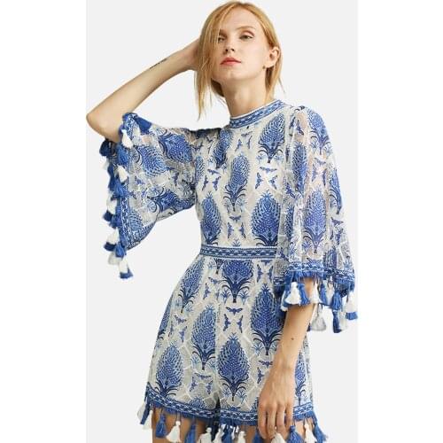 2020 Summer Boho Vintage Backless Sexy Embroidery Playsuit 3/4 Sleeve Tassel O Neck Jumpsuit Beach Casual Romper Women Playsuits