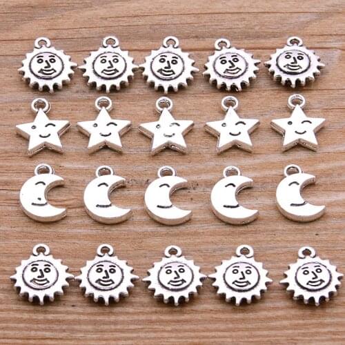 30Pcs 3 Styles New Metal Zinc Alloy Mix Sizes Moon Sun Star Charms Fit Jewelry Natural Pendant Makings DIY Handmade Craft