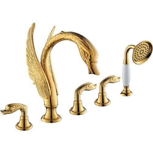 Free shipping PVD GOLD finish 5PCS ROMAN TUB SWAN FAUCET BATHROOM BATHTUB FAUCET
