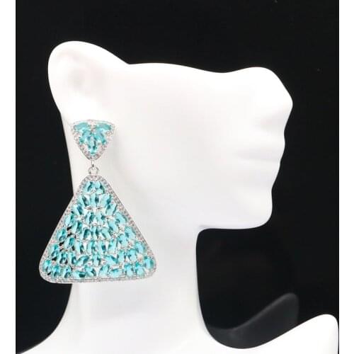 54x38mm Awesome Super Big European Design Jewelry Created Trangle Blue Aquamarine Zircon Women Silver Earrings Party
