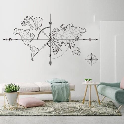 Large World Map Compass Earth Wall Sticker Office Classroom World Map Global Exploration Adventure Wall Decal Vinyl Decor LW91