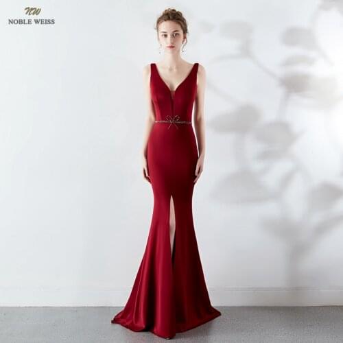 Long Evening Dresses Dark Red Mermaid Evening Gowns Sexy Front Split V-Neck Women Formal Dresses With Sweep Train