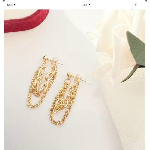 S925 Silver Cold Wind Double Chains Geometric Sweet Cool Trend Mall-match Earrings Street Shot Point Exquisite Gift