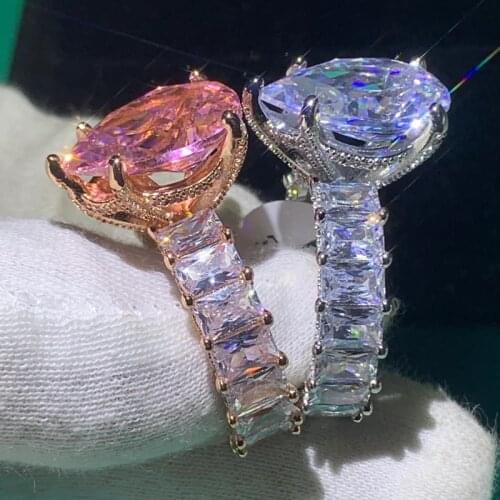 Brand Design Luxury Jewelry 925 Sterling Silver&Rose Gold Fill Large Pear Cut Pink Topaz CZ Diamond Women Wedding Ring