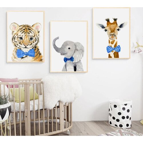 Watercolor Lovely Animal Canvas Painting, Nursery Tie Giraffe Lion Elephant Tiger Posters and Prints for Kids Room Decor