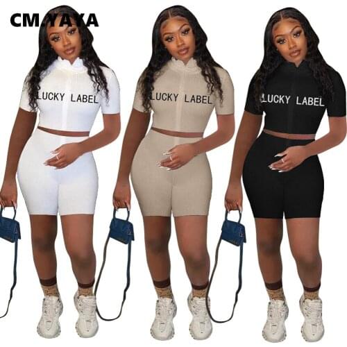 CM.YAYA Women Sets Print Letter Short Sleeve Half High Collar Zip Tops Solid Sheath Elastic Short Pants 2 Piece Set Summer 2021