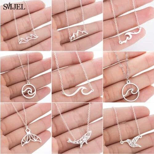 SMJEL Stainless Steel Pendant Necklace Wave Whale Bird Geometric Necklaces for Women Kids Surfing Jewelry Choker male naszyjnik