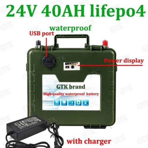 GTK High capacity 24V 40Ah LiFePO4 lithium battery 24 battery pack power bank BMS 25.6v 1200w motor Fishing boat + 5A charger