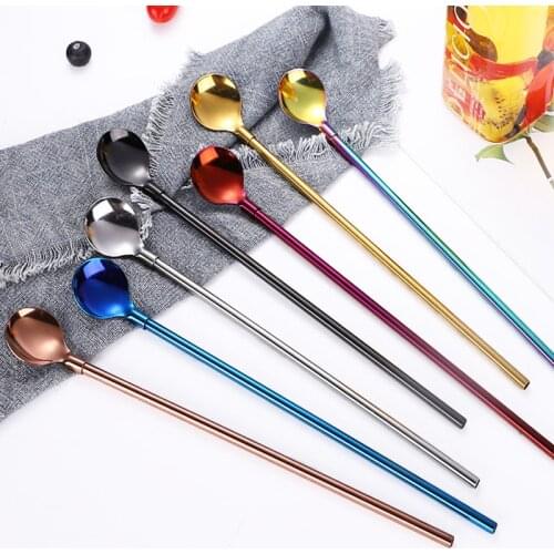 Multicolor Stainless Steel Long Metal Drinking Straw Spoon 266mm Reusable Tea Coffee Bar Kitchen Party Drink Straws Accessories
