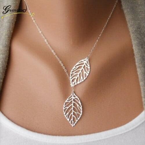 Fashion Pendant Necklace Double Leaf Y Shaped Statement Jewelry For Women Girls Boho Simple Alloy Clavicle Choker Collares