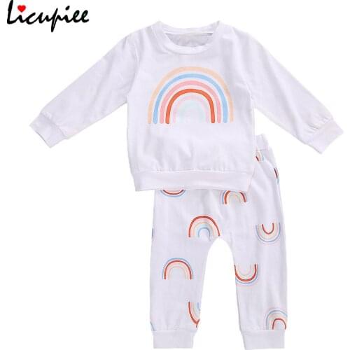 Baby Girls Fashion Long-sleeved Trousers Suit Sweet Rainbow Pattern Round Neck T-shirt and Elastic Long Pants 0-24 Months