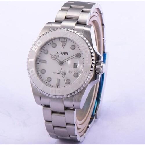 1881,Bliger 40mm white bezel white dial Sapphire Glass Ceramics Bezel Automatic Mens Watch