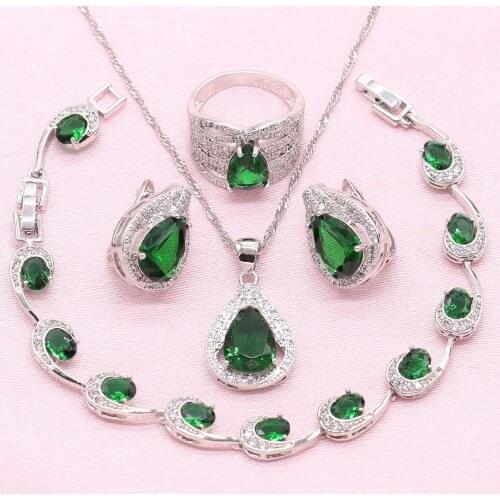 925 Silver Jewelry Sets For Women Birthday Green Crystal Exquisite Ear Clip Earring Bracelet Pendant Necklace Ring Wedding Gift
