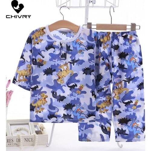 New 2021 Kids Boys Girls Summer Pajama Sets Cartoon Print Short Sleeve O-Neck T-Shirt Tops with Pants Baby Sleeping Clothes Set