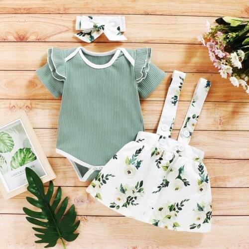 New Toddler Girls Outfits Baby Short Sleeve Romper Back Strap Skirt Headband Outfits Ruffled Dress Clothing Sets