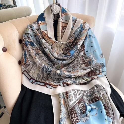 New Autumn Women Silk Scarf Beach Hijab Shawls and Wraps 2021 Luxury Brand Flower print Female Foulard Echarpe Designer Bandana