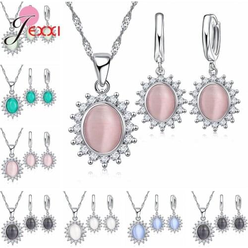Oval Transparent Opal Necklace Earrings Jewelry Set Rhinestone Vintage 925 Sterling Silver Cubic Jewelry For Women Girl
