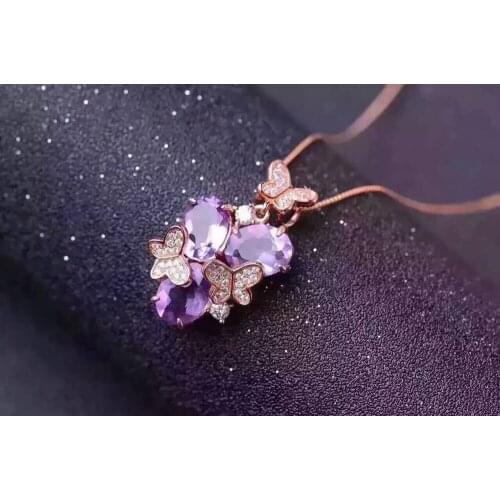 Natural amethyst pendant S925 Sterling silver Natural gemstone Pendant Necklace romantic Butterfly flowers women party jewelry