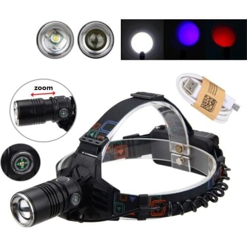 Zoomable USB Rechargeable Headlamp 1000lm Head light XM-L T6 RED Blue LED Compass for outdoor hunting