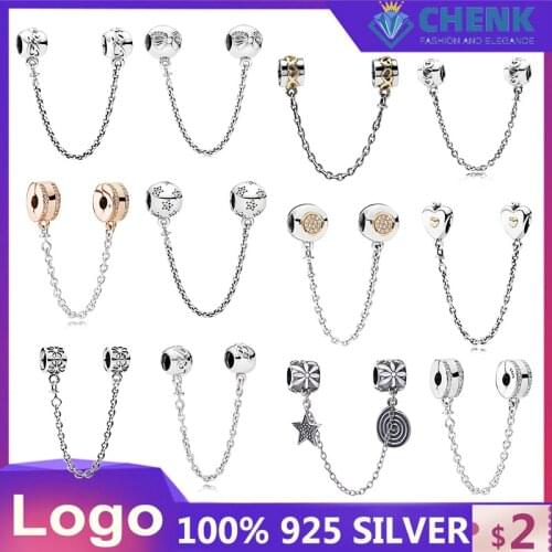 S925 Sterling Silver Safety Chain Charm With Logo Suitable for Original Bracelet Love Star Bow Diamond Girls Holiday Party Gifts