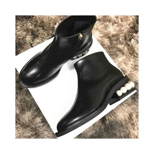 Shoes Crystal Pears Martin Boots Femme Round Toe Chunky Heels Ankle Boots For Women Slip On Black Runaway Women Slim Botas